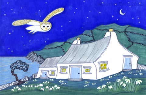 67 An owl flies over Snowdrop Cottage